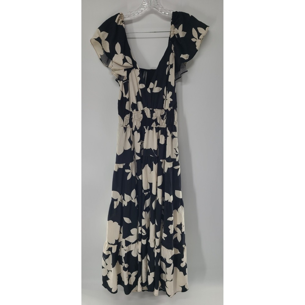 Anthropologie Black and Cream Floral Asymmetrical Maxi Dress - Picture 3 of 14